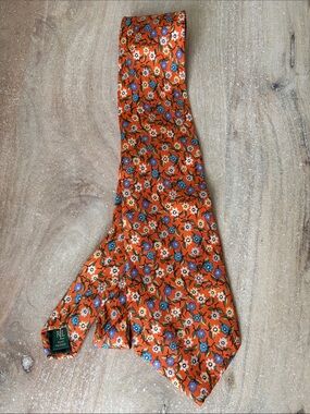 Ralph Lauren Orange Floral Silk Tie with Blue and White Accents